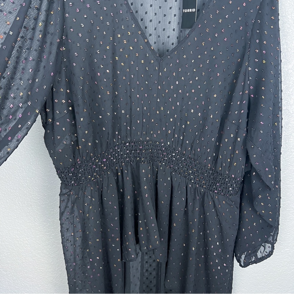 Torrid NWT Chiffon Rainbow Clip Dot Top Black 3X Whimsigoth Semi-Sheer Shirt - Picture 8 of 12